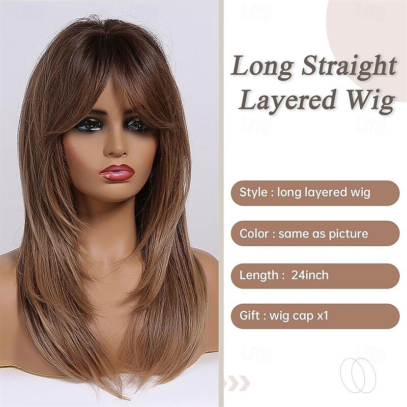 Ombre Brown Wigs with Bangs Long Straight Layered Wig for Women Heat Resistant Syntehtic Hair Wigs4