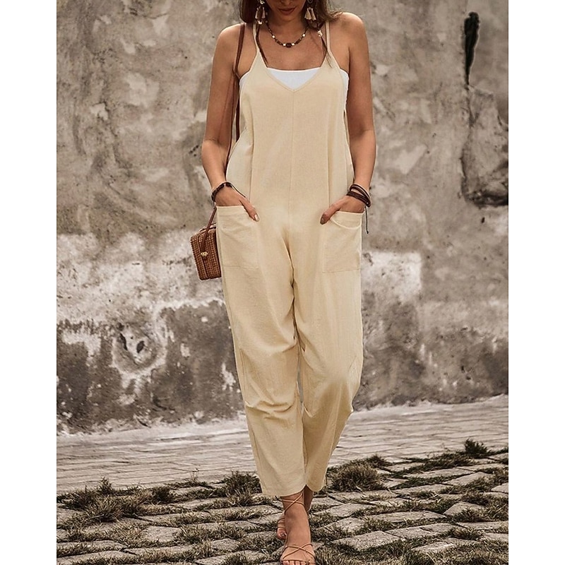 Women's Normal Jumpsuit Streetwear Solid Color Sleeveless Straight V Neck Pocket Street Daily Regular Fit Apricot Summer