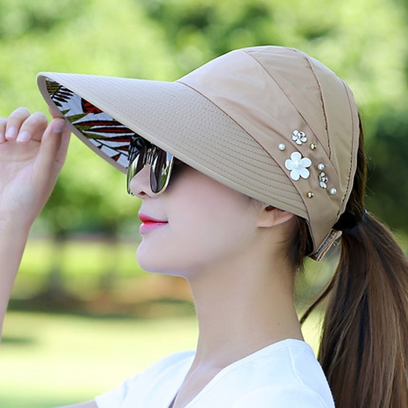Summer Foldable Sunscreen Hat Wide Brim Women Solid Color Beads Flower Decor Sun Hat Visors Outdoor Sports Cap2