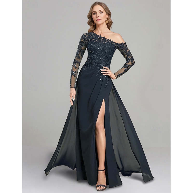 Sheath Dress Mother of the Bride Dress Formal Elegant One Shoulder Floor Length Chiffon Long Sleeve with Lace Solid Color3