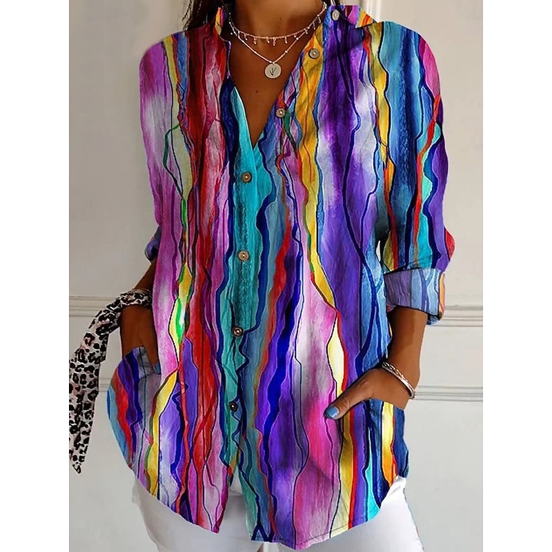 Women's Shirt Button Down Tunic Shirt Collar Long Sleeve Graphic Geometric Casual Regular Tops Work Daily s Print Blue Purple Fuchsia Green Spring Fall Winter2