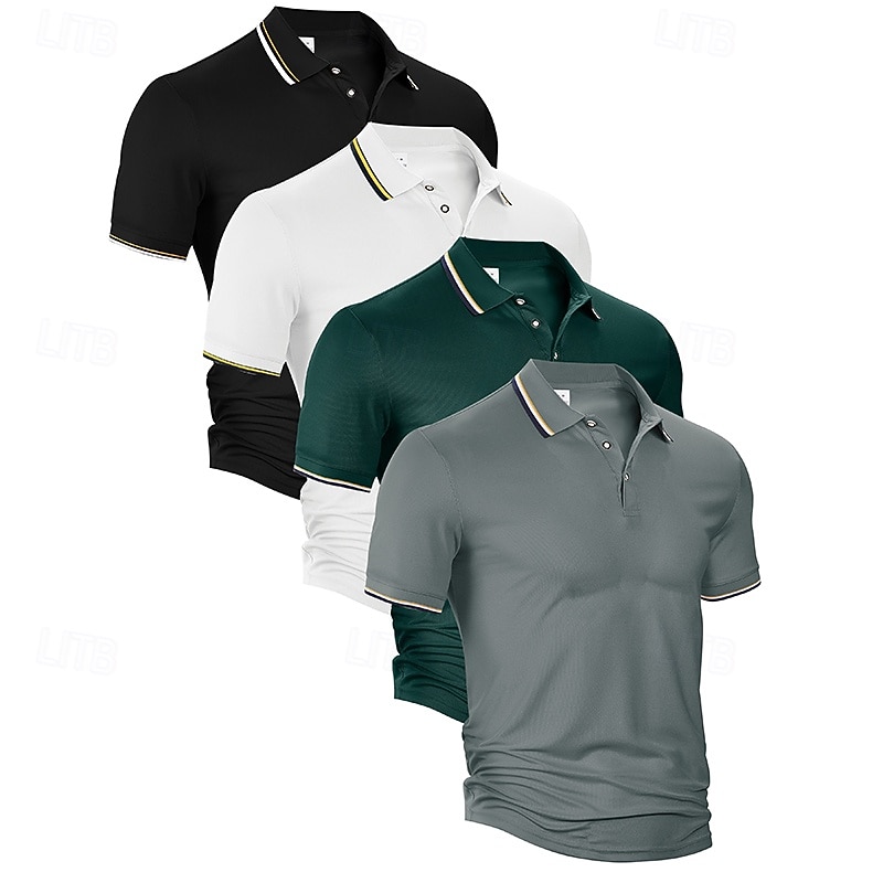 Multi Packs 4pcs Men's Lapel Short Sleeves Black+White+Grey+Light Blue Button Up Polos Golf Shirt Golf Polos Shirts Buttons Plain Vacation Daily Wear Polyester Summer3