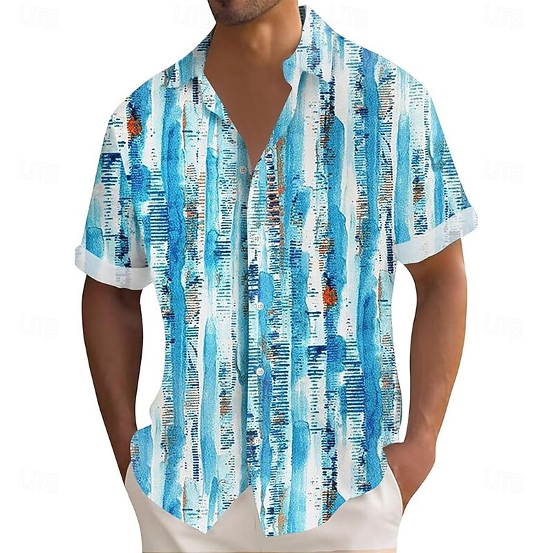 Men's Geometric Striped Gradient Color Shirt Summer Shirt Button Up Shirt Short Sleeve Fashion Casual Outdoor Vacation Dailywear Summer Spring Turndown 3D Print Collared Shirts Blue2