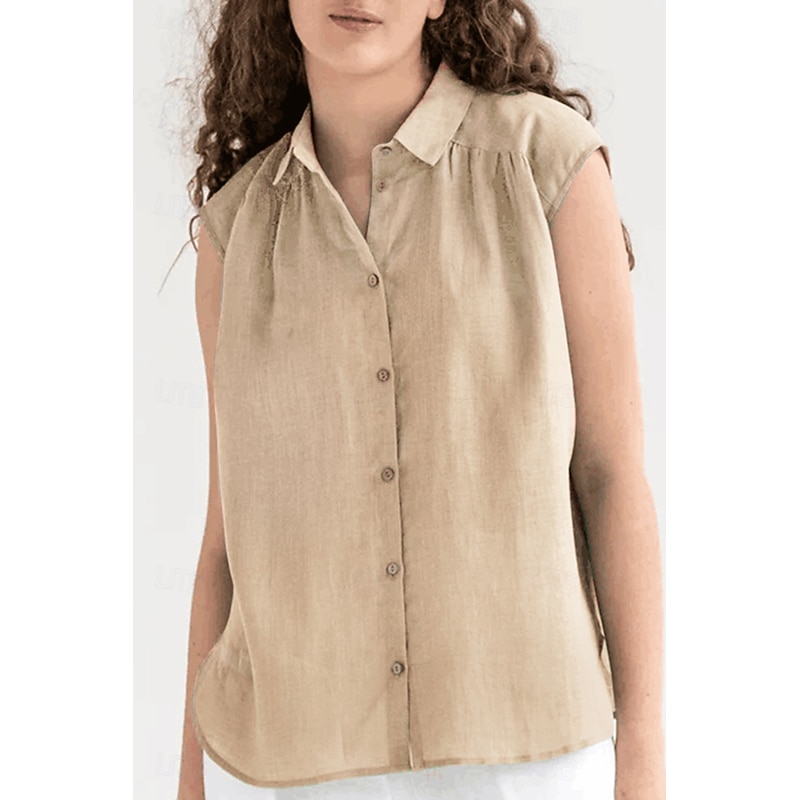 Women's Shirt Cotton Linen Vest Button Up Plain Basic Modern Sleeveless Shirt Collar Regular Tops Daily Going out Buttons Khaki Summer