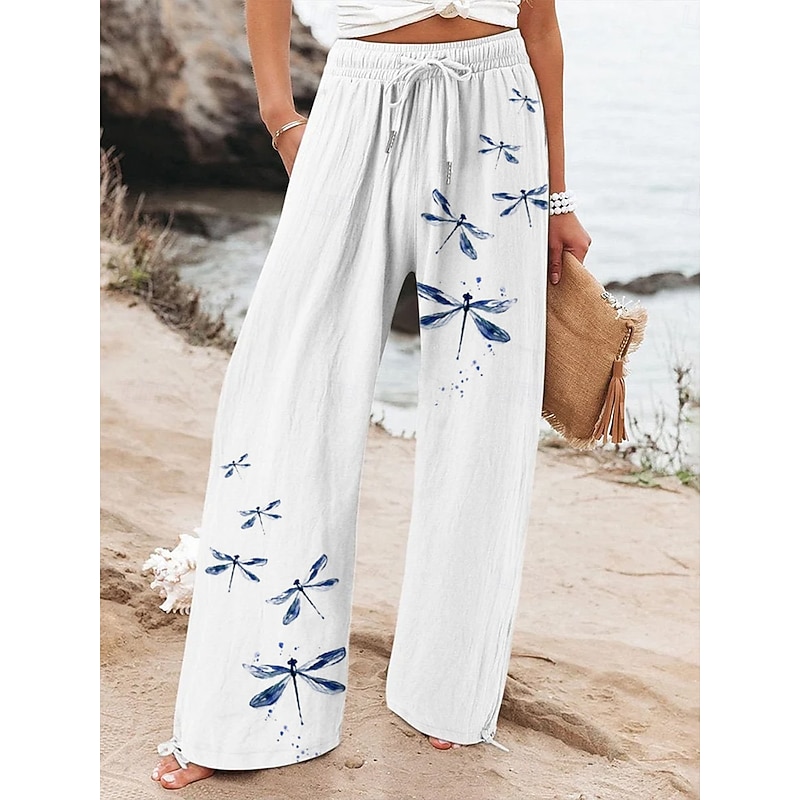 Women's Wide Leg Baggy Pants Beach Shorts Vacation Vintage Fashion Full Length High Waist Graphic Flower / Floral Drawstring Printing Soft Breathable Micro-elastic Vacation Causal Casual White Blue