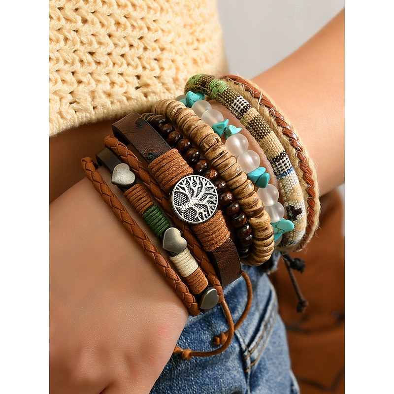 Boho Leather and Bead Bracelet Set for Men and Women – Adjustable Friendship, Tree of Life Charm – Vintage Handmade Tribal Accessories for Casual Wear, Festivals and Daily Fashion2
