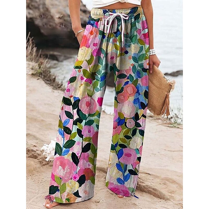 Women's Wide Leg Chinos Baggy Pants Vacation Fashion Basic Full Length High Waist Floral Graphic Printing Thermal Warm Soft Breathable Micro-elastic Formal Vacation Street Pink Blue Blue Green Summer4