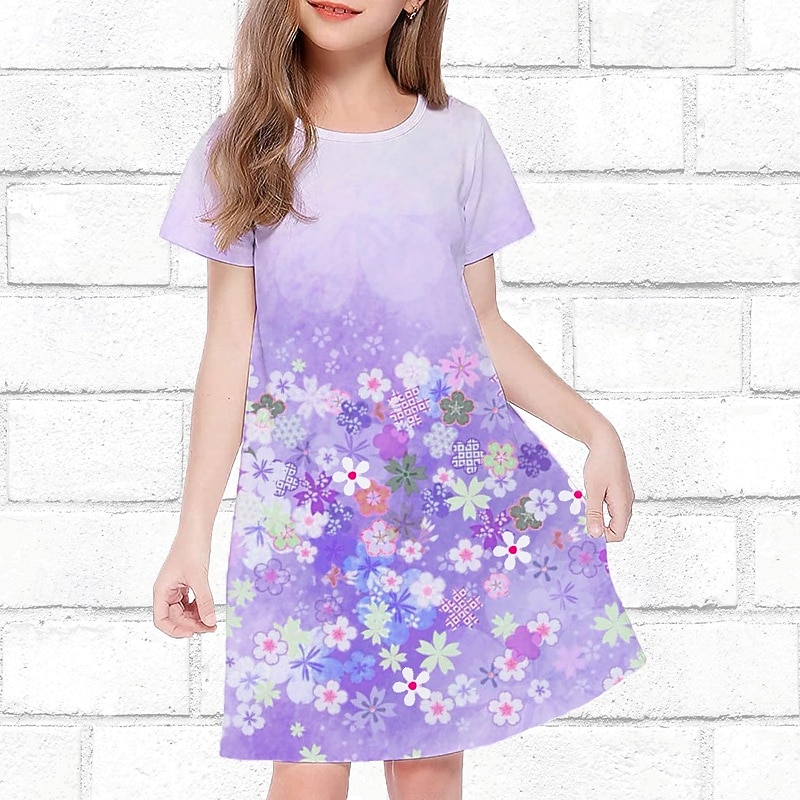 Girls' 3D Floral Dress Short Sleeve Summer Spring Vacation Daily Holiday Princess Beautiful Sweet Kids 4-12 Years Casual Dress Knee-length Regular Fit4
