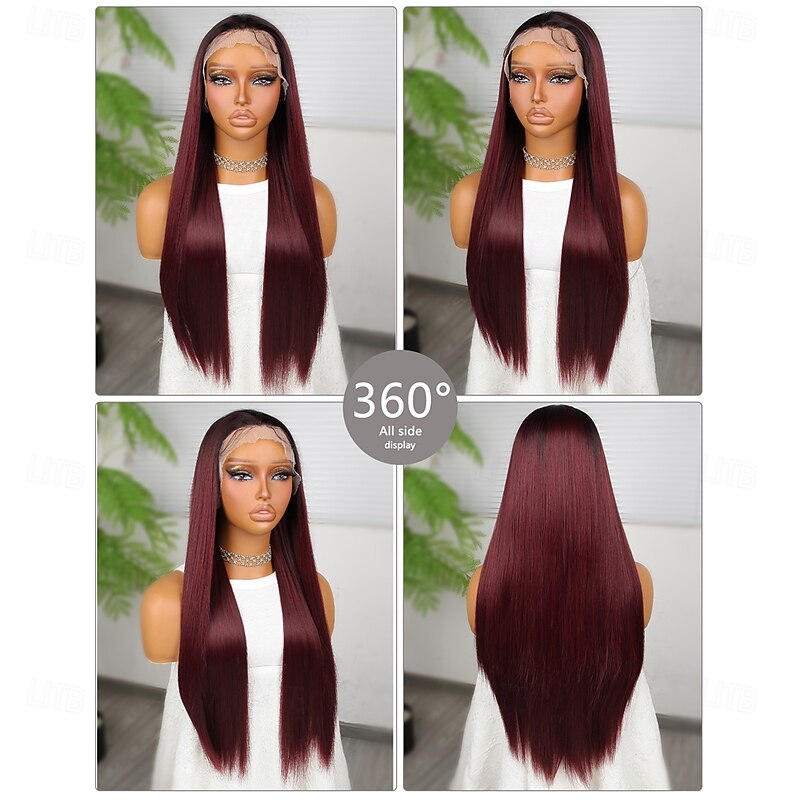 Synthetic Lace Wig Straight Style 26 inch Burgundy Middle Part 13x4 Lace Front Wig Women's Wig Wine Red2