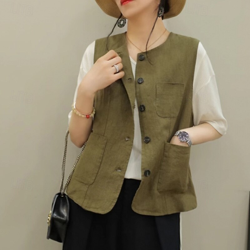 Women's Linen-Inspired Shirts Plain Active Casual Sleeveless Crew Neck Regular Tops Daily Holiday Going out Buttons Pocket Black Green Apricot Summer