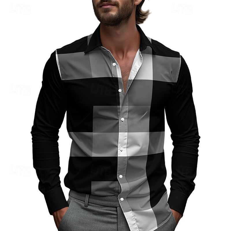 Men's Shirt Summer Shirt Casual Shirt Beach Shirt Button Up Shirt Black White Long Sleeve Plaid Lapel Vacation Hawaiian Button-Down Clothing Apparel Polyester Fashion Casual Comfortable2