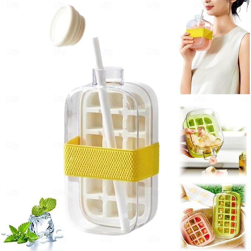 Ice Bottle Cup 2 in 1 Touch-Free, 800ml, Ices Cube Tray Water Bottles Ices Cube Bottles with Straw Portable Touch Free Ice Cube Trays with Lid and Bin Suitable for Home Ice Making2