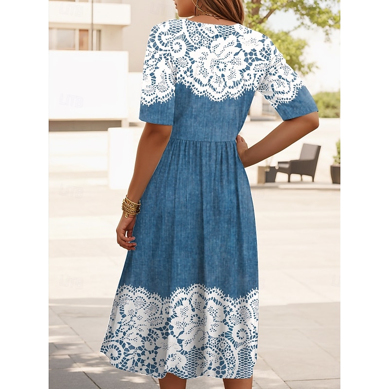 Women's Midi Dress A Line Dress Summer Dress Vacation Casual Daily Holiday Regular Fit Floral Graphic Half Sleeve Crew Neck Black Pink Blue Summer2