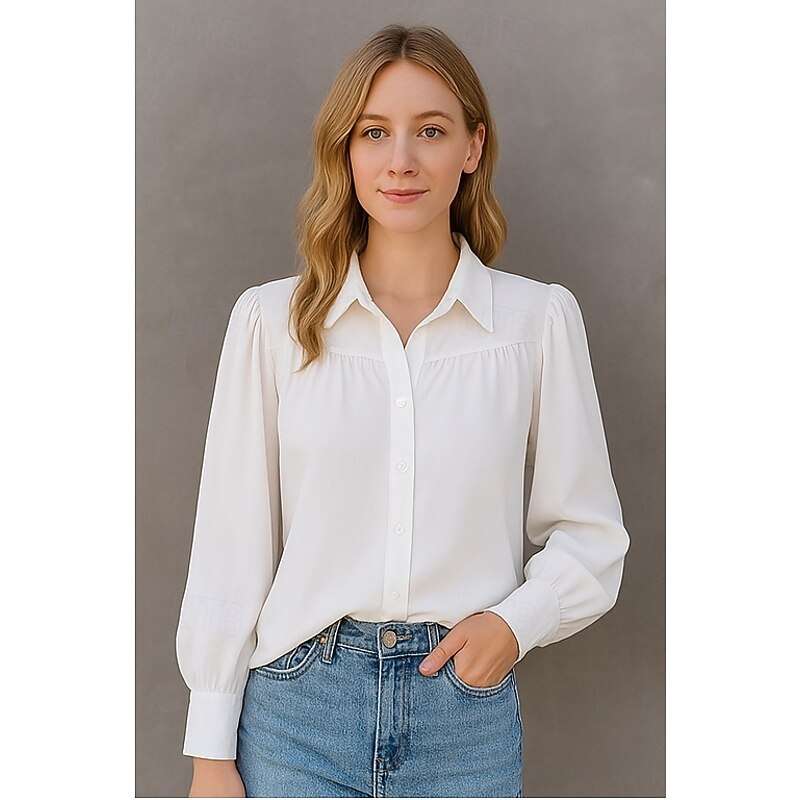 Women's Shirt Plain Basic Modern Long Sleeve Shirt Collar Regular Tops Daily Holiday Buttons White Summer3
