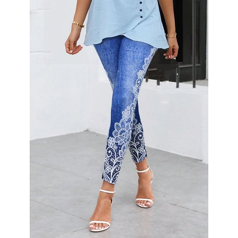 Women's Leggings Vacation Vintage Fashion Ankle-Length High Waist Floral Graphic Printing Soft Breathable Stretchy Vacation Casual Daily Blue Spring Slim Fit
