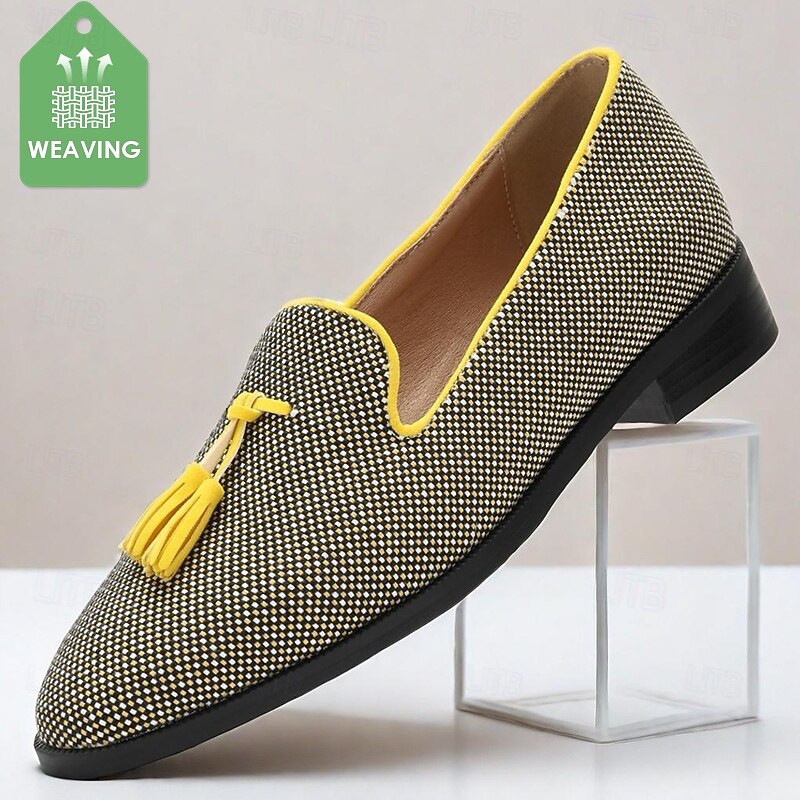 Men's Tassel Slip-On Loafers - Stylish Yellow and Black Patterned Dress Shoes