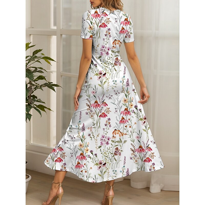 Women's Maxi Dress Casual Dress A Line Dress Summer Dress Elegant Vacation Casual Regular Fit Floral Graphic Short Sleeve Square Neck Red Blue Purple Summer2