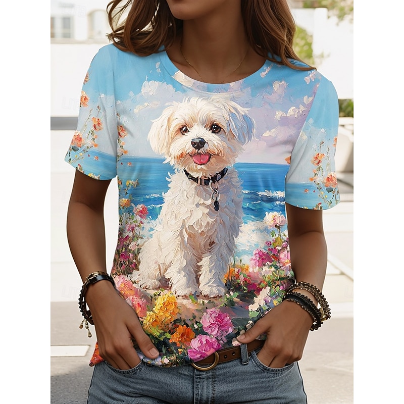 Women's T Shirt Graphic Animal Dog Stylish Classic Casual Short Sleeve Crew Neck Regular Tops Daily Weekend Print Grass Green Blue Dusty Blue Orange Green Summer Spring