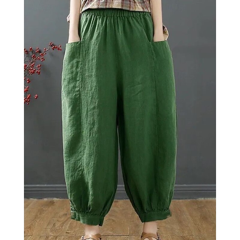 Women's Cotton Linen Pants Slacks Streetwear Casual Full Length Natural Plain Pocket Elastic Waist Outdoor Comfortable Outdoor Vacation Apricot Black Blue Green Summer Regular Fit2