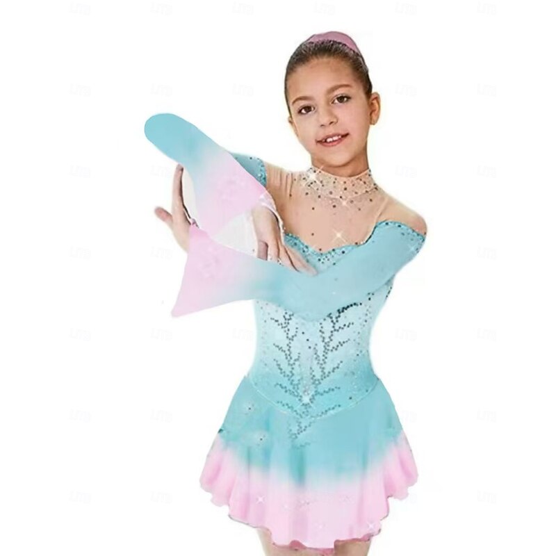 Figure Skating Dress Women's Girls' Ice Skating Dress Pink Green Patchwork Open Back Mesh Spandex Stretchy Training Practice Professional Skating Wear Thermal Warm Classic Crystal / Rhinestone Long