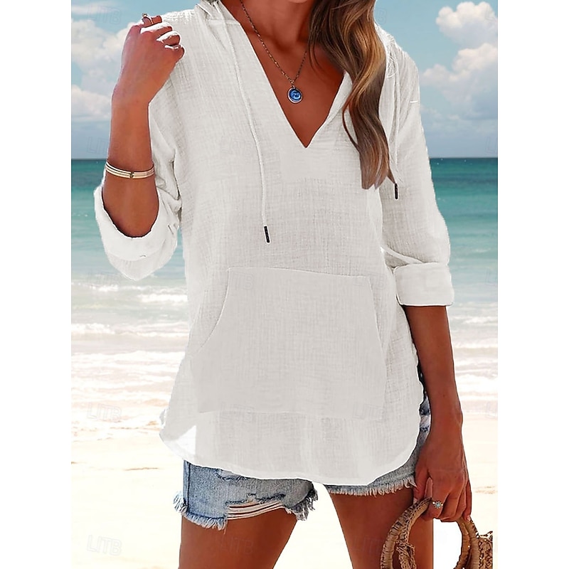 Women's Cotton Linen Blouse Solid Color Elegant Casual Long Sleeve V Neck Regular Tops Daily Holiday Pocket Black White Pink Blue Summer Spring