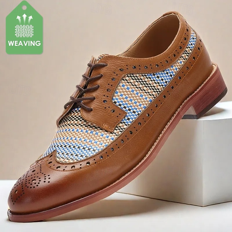 Men's Tan Faux Leather Brogue Oxfords with Blue Nylon Woven Insets - Business Casual Wear