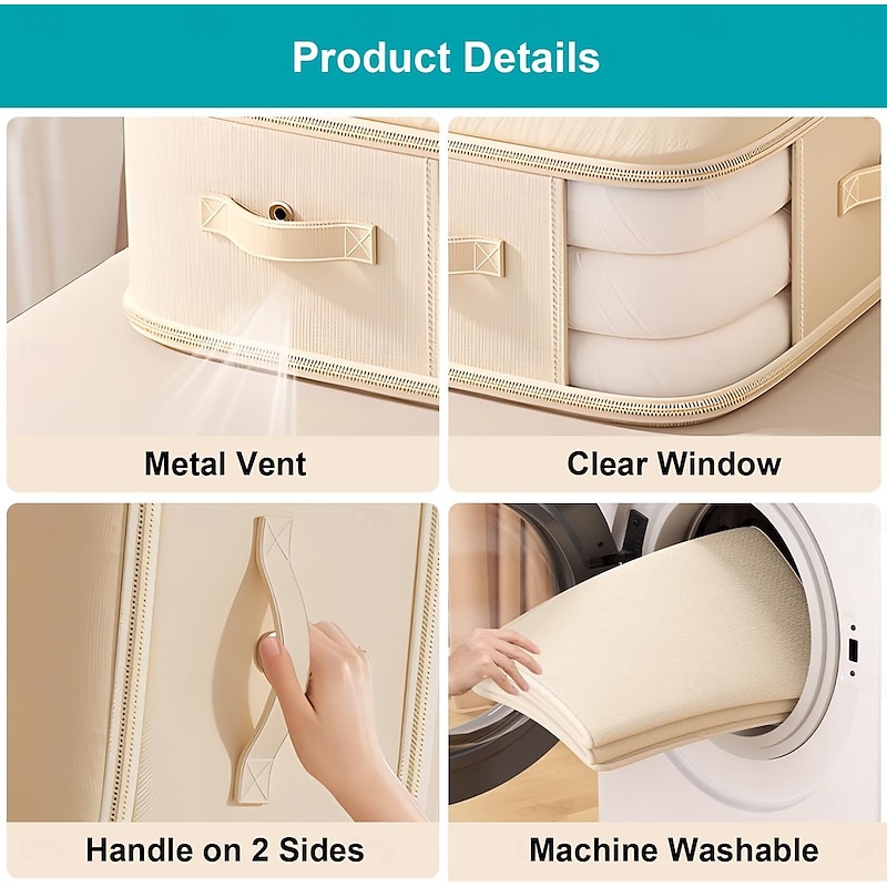 Compression Storage Bags - 135L Large Capacity Comforter Storage Bag, 3-Layer Washable Ultra Space Saving Self Compression Organizer Space Bags for Blankets, Sweaters, Sheets, Beige3