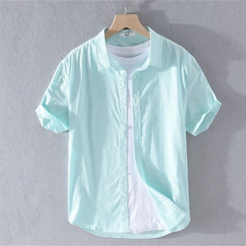 Men's Shirt Linen Shirt Casual Shirt Button Up Shirt Cotton Shirt Plain Vacation Street White Light Green Navy Blue Green Short Sleeve Turndown Summer Clothing Apparel Button-Down