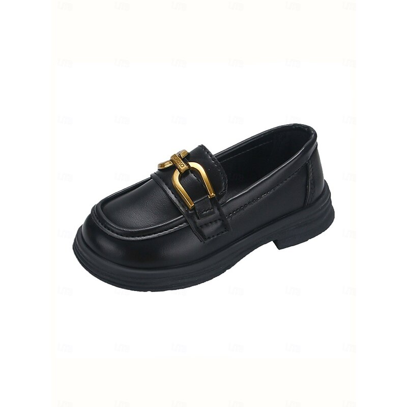 Little Girls' Black Faux Leather Loafers with Gold Buckle – Classic School Uniform Dress Shoes for Kids3