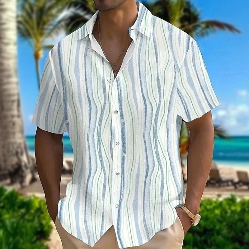 Men's Geometric Striped Gradient Color Shirt Summer Shirt Button Up Shirt Short Sleeve Fashion Casual Outdoor Vacation Dailywear Summer Spring Turndown 3D Print Collared Shirts White