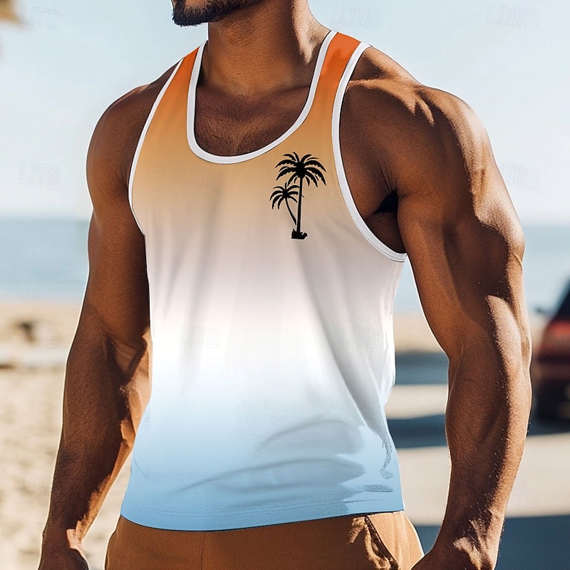 Men's Gradient Coconut Palm T Shirt Vest Top Sleeveless T shirt 3D Print Crew Neck Scoop Neck Shirt Vacation Casual Casual Hawaiian Holiday Pink Blue Orange Summer Spring Clothing Apparel S M L XL