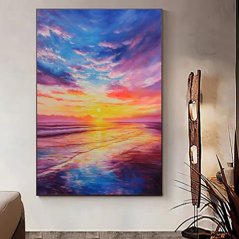 Handmade Oil Painting Canvas Wall Art Decoration Colorful Sunrise Sea Ocean Landscape for Home Decor Stretched Frame Hanging Painting/Rolled Frameless Unstretched Painting