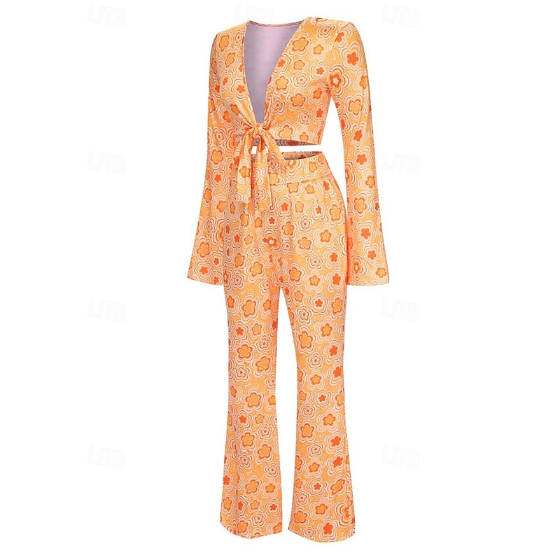 Retro Vintage 1970s Outfits Crop Top Bell Bottom Pants Hippie Bow Tie Floral Fancy Dress Women's Halloween Carnival Masquerade Party Daily Wear Adults' Top Pants Spring & Summer4