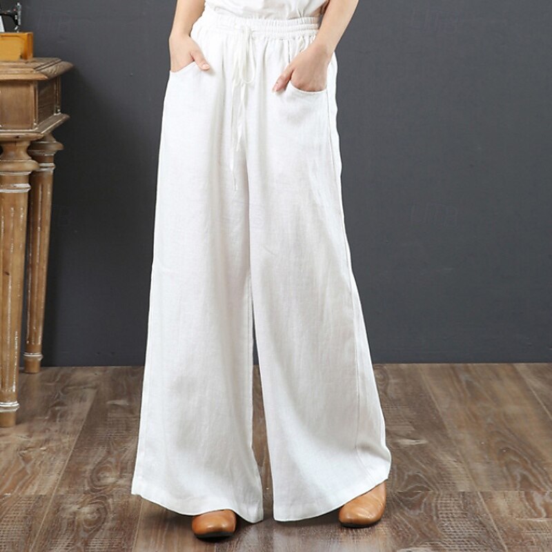 Women's Wide Leg Cotton Linen Pants Slacks Fashion Streetwear Full Length Natural Plain Pocket Elastic Drawstring Design Comfy Outdoor Street Holiday Weekend Apricot Grey Black White Summer Regular4