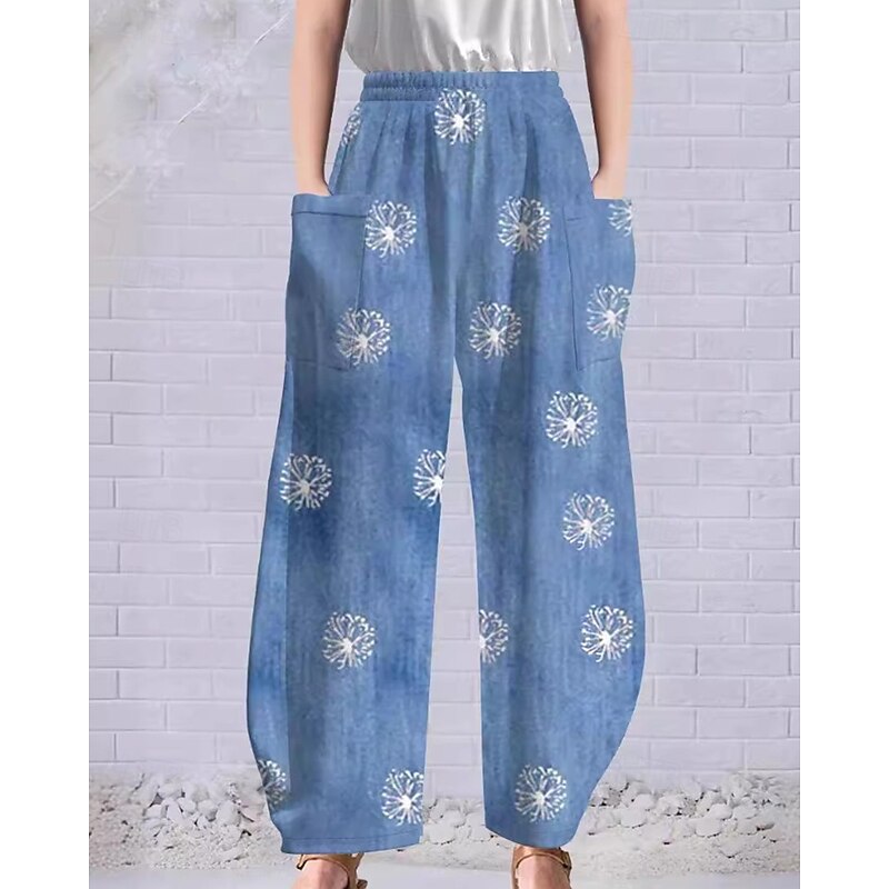 Women's Slacks Streetwear Casual Full Length Natural Striped Flower Pocket Elastic Waist Printing Outdoor Comfortable Street Daily Light Sky Blue Pink Blue Summer Regular Fit4