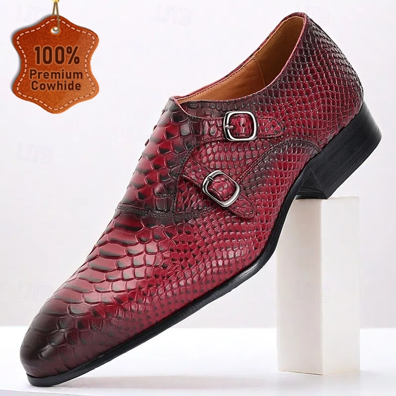 Men's Red Crocodile Pattern Leather Monk Strap Shoes – Bold Prom and Gala Footwear for Formal Events