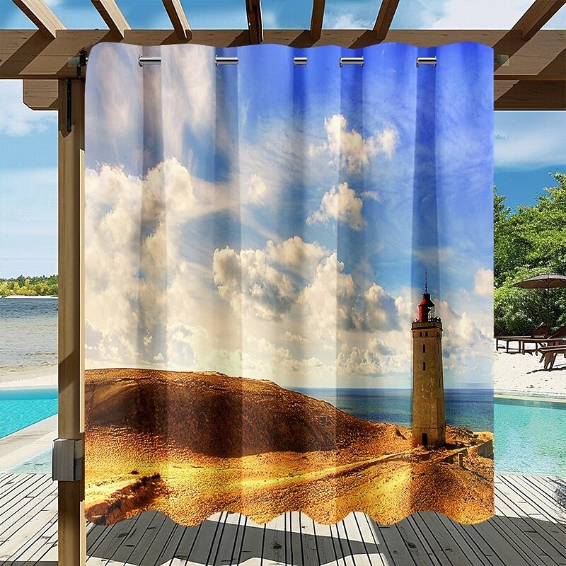 Waterproof Outdoor Curtain Privacy, Sliding Patio Curtain Drapes, Pergola Curtains Grommet 3D Ocean Light Tower Landscape For Gazebo, Balcony, Porch, Party, 1 Panel2