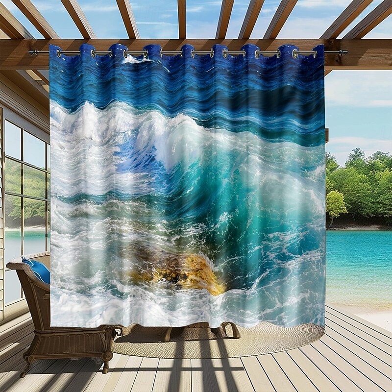 Waterproof Outdoor Curtain Privacy, Sliding Patio Curtain Drapes, Pergola Curtains Grommet 3D Ocean Wave Landscape For Gazebo, Balcony, Porch, Party, 1 Panel3