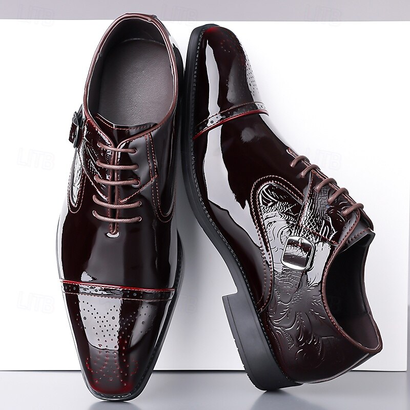 Men's Dress Shoes - Burgundy Two-Tone Patent Leather Shoes with Lace-Up Design for Dance Parties and Special Occasions3
