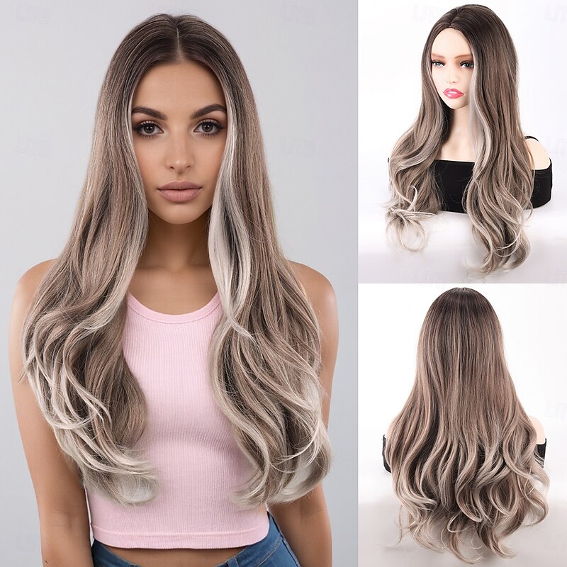 Synthetic Wig Wavy Deep Wave Layered Haircut With Bangs Machine Made Wig 24 inch A1 Synthetic Hair Women's Classic Comfortable Highlighted / Balayage Hair Blonde