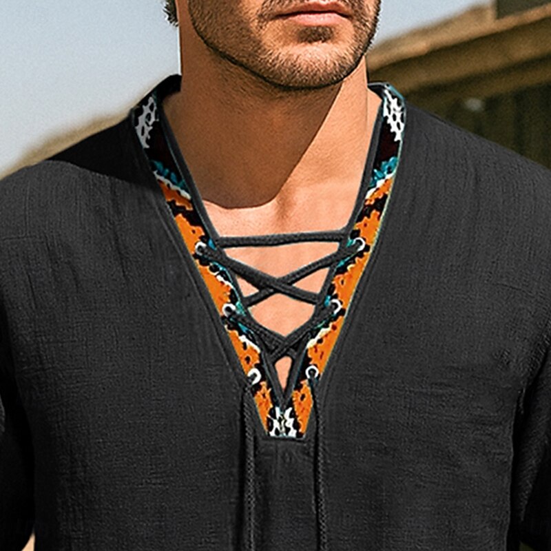 Men's Shirt Linen Shirt Viking Style Summer Shirt Beach Shirt Western Shirt Solid Color Vacation Casual Black White Green Long Sleeve V Neck Clothing Apparel Drawstring3