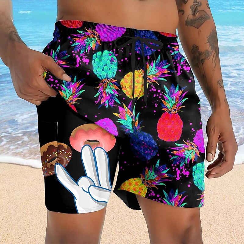 Men's Pineapple Funny Donuts Lined Shorts 2 in 1 Board Shorts Swim Shorts Mid Waist Hawaiian Vacation Holiday Beach Wear Side Pockets With Compression Liner Elastic Drawstring Waist Designer Clothing4