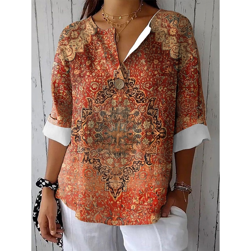 Women's Shirt Long Sleeve  V Neck Floral Graphic Bohemia Vintage Tropical  Regular Tops Daily Holiday Beach Wear Print White Orange Green Summer Spring3