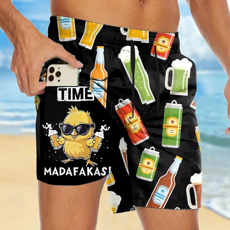 Men's Funny Beer Duck Lined Shorts 2 in 1 Board Shorts Swim Shorts Mid Waist Hawaiian Vacation Holiday Beach Wear Side Pockets With Compression Liner Elastic Drawstring Waist Designer Clothing Apparel3