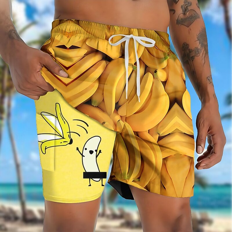Men's Funny Banana Lined Shorts 2 in 1 Board Shorts Swim Shorts Mid Waist Hawaiian Vacation Holiday Beach Wear Side Pockets With Compression Liner Elastic Drawstring Waist Designer Clothing Apparel