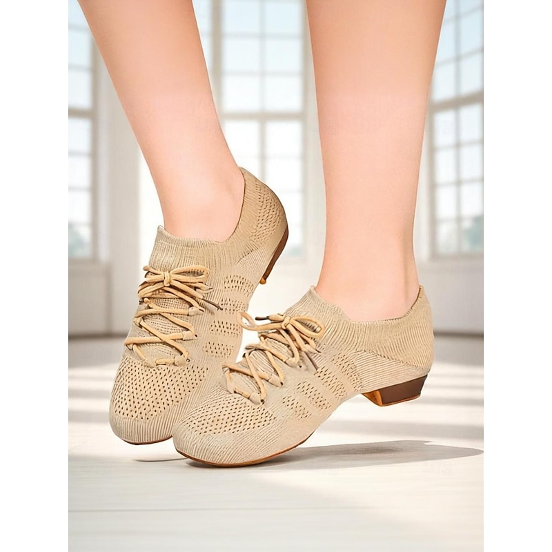 Women's Breathable Knit Lace-Up Dance Sneakers with Low Heels – Comfortable Mesh Shoes for Latin Practice and Square Dancing2