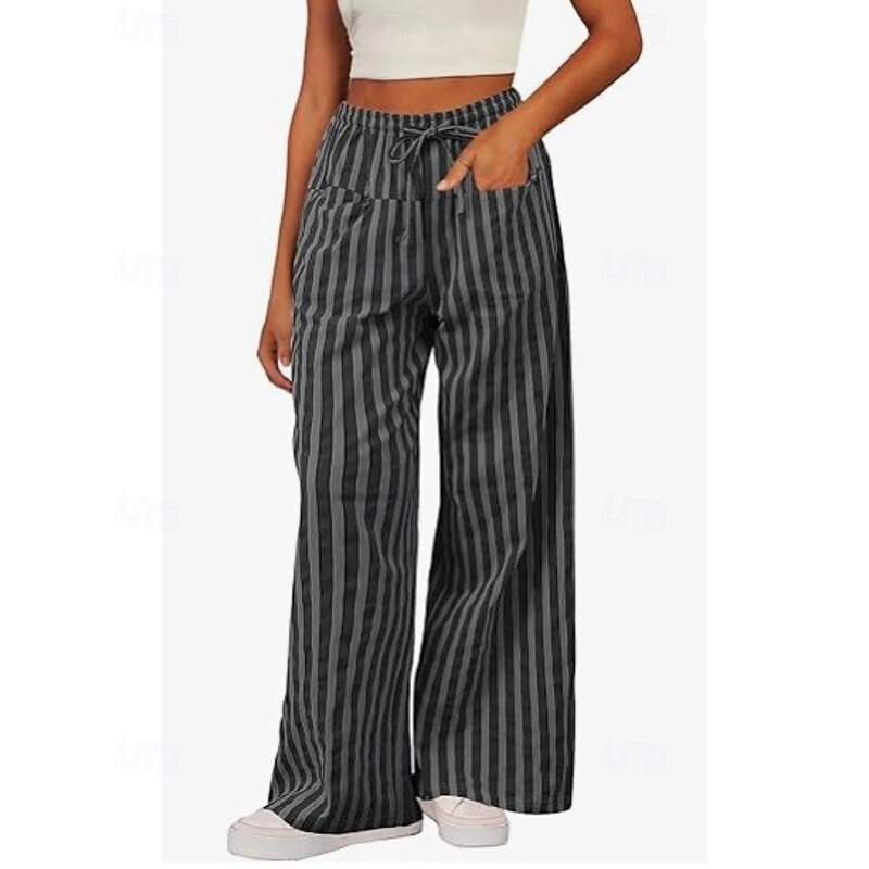 Women's Culottes Wide Leg Slacks Pants Trousers Streetwear Casual Full Length Natural Striped Pocket Elastic Drawstring Design Outdoor Comfortable Casual Daily Weekend Magenta Rust Black Yellow Summer