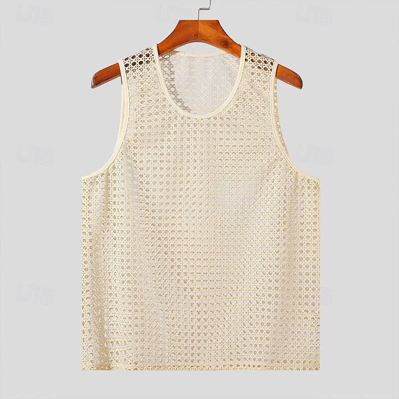 Men's Tank Top Vest Top Undershirt Sleeveless Shirt Sleeveless Crew Neck Summer Plain Fashion Designer Basic Mesh Vacation Street Going out Beige Top Tee for Men2