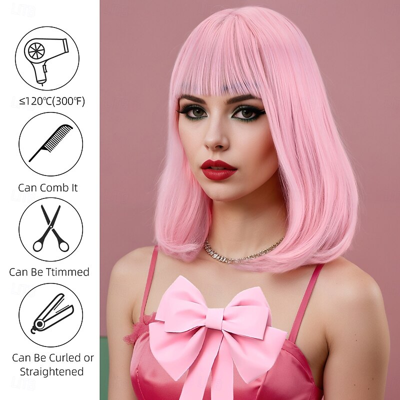 Synthetic Wig Straight kinky Straight Asymmetrical Neat Bang Machine Made Wig 14 inch A1 Synthetic Hair Women's Classic Comfortable Color Gradient Pink3
