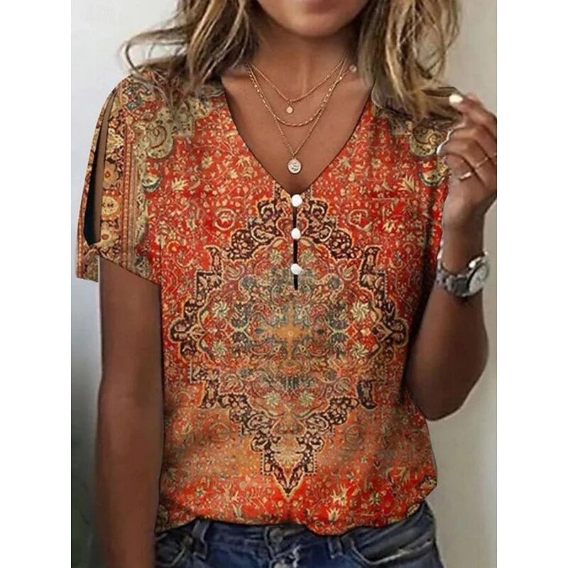 Women's Blouse Floral Marble Bohemia Vintage Casual Short Sleeve V Neck Regular Tops Daily Buttons Print Red Blue Orange Gray Summer4